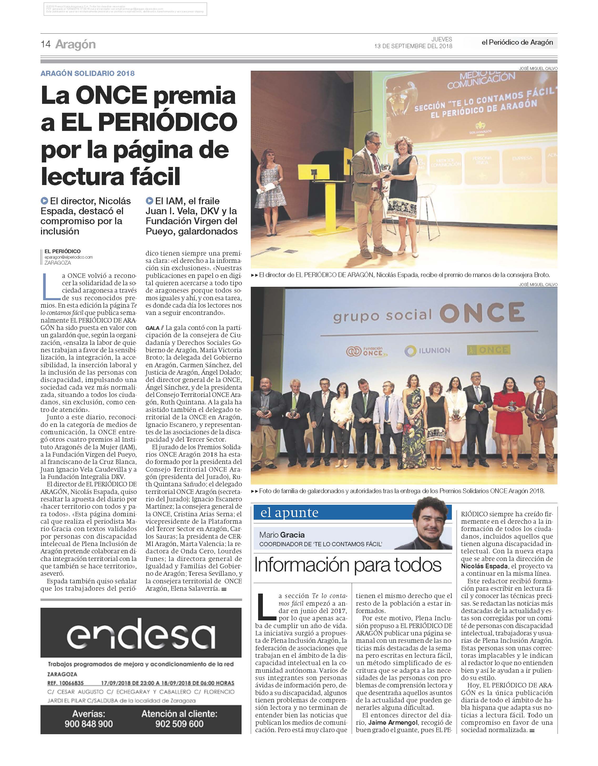 En este momento estás viendo La ONCE premia las páginas de información en Lectura Fácil del periódico de Aragón